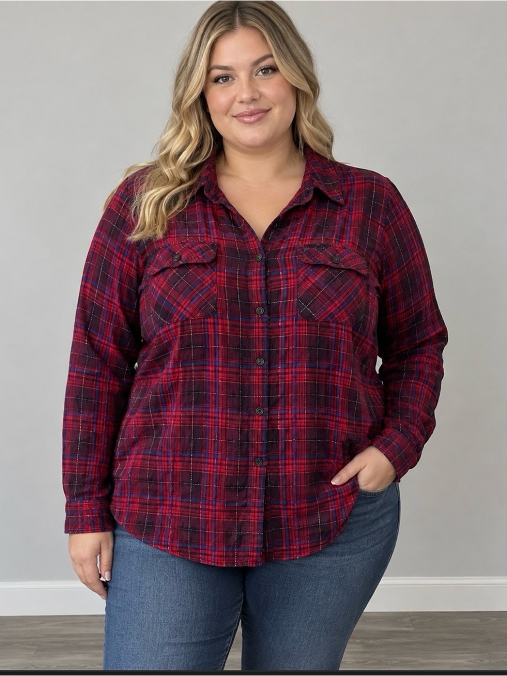 Cato Plaid Metallic Button Down Shirt Women’s XL NWOT Western Farmhouse Holiday
